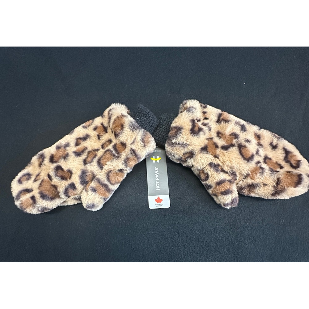 Hot Paws Womens Faux Fur Leopard Print Mittens Adult One Size Brown Black NWT